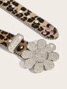Stunning 2025 rhinestone sunflower belt, trendy European leopard print crystal design for women.