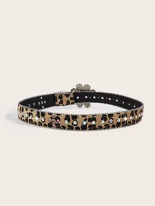 Leopard rhinestone belt with crystal studs and flower buckle for stylish women accessories