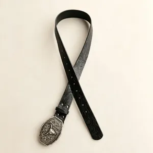 Ceinture homme style western classique, similicuir noir gaufré avec boucle taureau vintage.