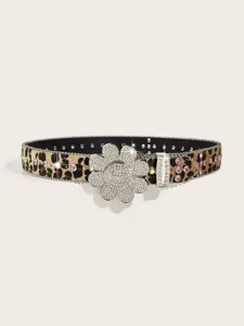 Leopard print rhinestone flower buckle belt stylish crystal waist belt for women trendy wear