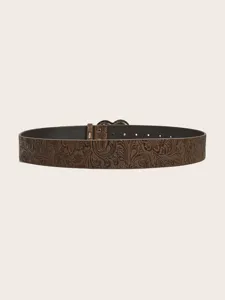 Women brown embossed leather belt retro bohemian style decorative belt for jeans pants