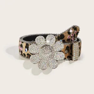 Leopard print rhinestone sunflower belt with sparkling crystal flower buckle fashion.
