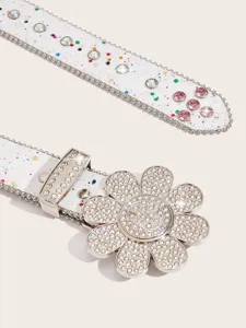 White rhinestone sunflower belt with colorful paint splatters, sparkling crystal flower buckle.