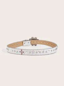 White rhinestone belt with colorful paint splatters, sunflower buckle and studded chain edges.