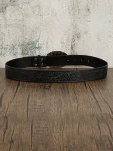 Western vintage embossed leather belt, detailed floral and cross carving, ideal for men.