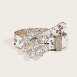 White rhinestone studded sunflower belt with sparkly crystal details and vibrant splashes.