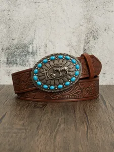 Vintage Western carved leather belt with turquoise cross horse relief buckle for men cowboy.