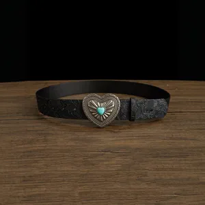 Retro Bohemian PU Leather Belt For Women Vintage Embossed Wide Waist Belt With Turquoise Heart Metal Buckle Casual Jeans Belt