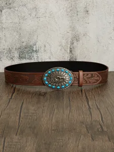 Vintage western style turquoise cross belt for men cowboy embossed leather decorative belt