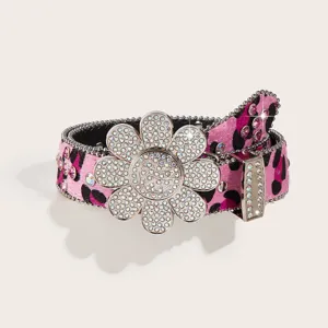Pink leopard print rhinestone belt with dazzling crystal sunflower buckle for women