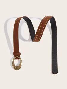 Vintage brown suede belt with antique brass oval buckle and metal studs for women chic style.