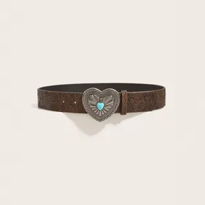 Vintage brown leather belt for women with a western turquoise heart buckle for stylish jeans outfits.