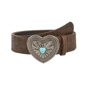 Women vintage brown leather belt with ornate heart buckle bohemian style jeans accessory