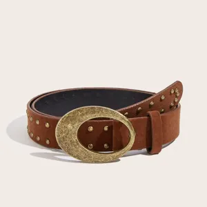 Vintage Retro Brown PU Leather Belt For Women Retro Oval Metal Buckle Rivet Waist Belt Fashion Daily Accessories
