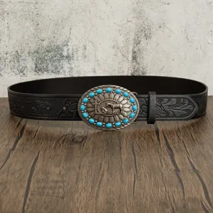 Western embossed leather belt with turquoise buckle cross horse rider for men