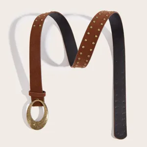 Retro brown suede studded belt with large antique brass oval buckle for women trendy fashion.
