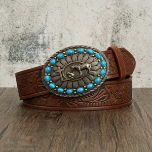 Western vintage carved embossed leather belt with turquoise metal buckle cross cowboy style