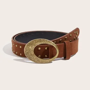 Retro brown suede belt with bronze oval buckle and metal studs for women western fashion.