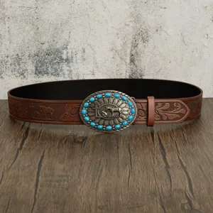 Men's Western vintage embossed leather belt featuring a turquoise stone cross buckle and relief.