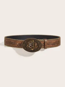 Retro western stijl vrouwen lederen riem met antieke bronzen roos gesp en bloemen reliëf print.