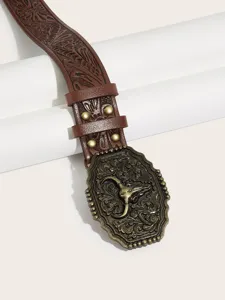 Western style brown PU leather belt featuring bronze bull head buckle and classic floral embossing.