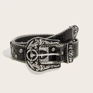 American Western Cowboy Crocodile Pattern Rhinestone Belt Retro Bull Head Rivet Punk Y2K Decorative PU Leather Belt