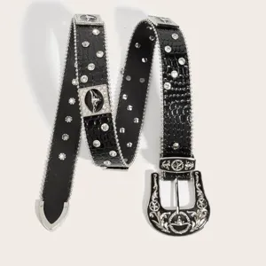 American western style rhinestone leather belt with crocodile pattern and metal buckle, black.