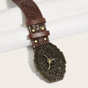 Western cowboy style PU leather belt with vintage bull head metal buckle for men and women