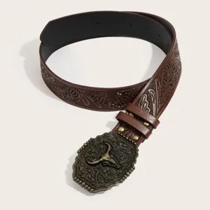 Western cowboy style brown PU leather belt featuring antique bull skull alloy buckle and embossed details.