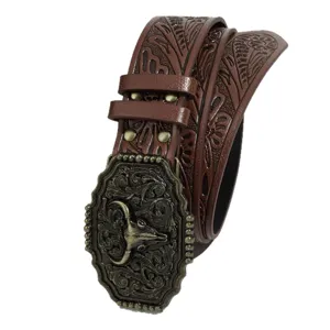 Western cowboy style brown leather belt with ornate bull skull alloy buckle and floral embossed strap.