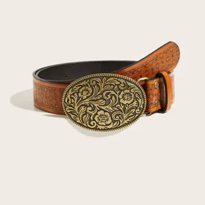 Women Western Vintage Embossed PU Leather Belt Oval Carved Metal Buckle Fashion Casual Waistband Accessories