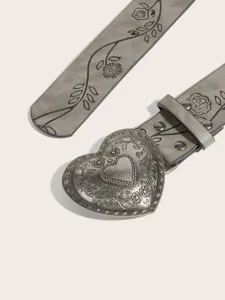 Vintage grey leather belt featuring an ornate heart metal buckle and floral print detail.