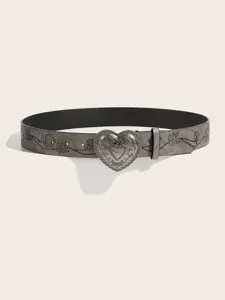 Vintage grey leather belt with ornate metal heart buckle and floral embossed patterns stylish.