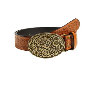 Western vintage embossed leather belt with large floral carved oval buckle for women jeans