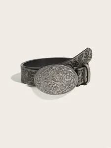 Detailed shot of retro embossed floral pattern belt with ornate oval metal pin buckle for daily wear.