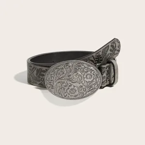 Vintage western style engraved belt with large floral metal buckle and printed strap detail.