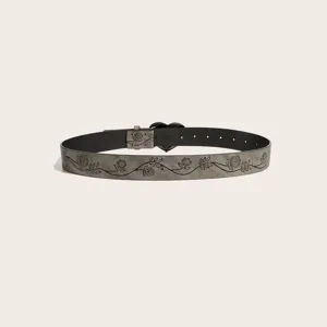 Stylish women's vintage heart buckle belt with embossed floral vine pattern for daily wear