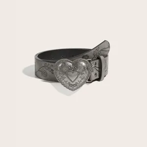 Vintage grey leather belt with ornate silver heart buckle and floral embossed details.