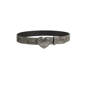 Retro vintage heart buckle belt with embossed floral vine pattern for daily fashion wear.