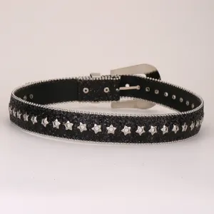 Black glitter rhinestone belt for women with star metal studs and vintage buckle.