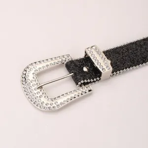 Trendy women rhinestone waist belt featuring sparkly black sequins and a shiny buckle.