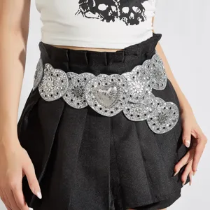 Y2K Retro Western Zoni Mesis me Kardia kai Lamperi Strass Concho Fashion Statement
