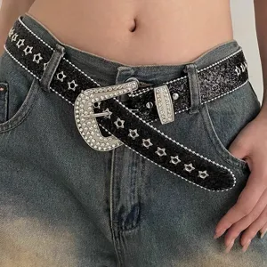 Trendy rhinestone belt for women, Y2K style sparkly sequin cutout low-waist waist belt