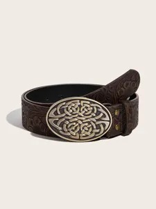 Ceinture en cuir large gaufrée style occidental avec boucle ovale rétro pour look vintage.