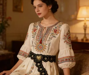 Λεπτομερής λήψη vintage δυτικής ζώνης με καρδιά και κεντημένο φόρεμα σε bohemian στιλ.