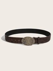 Vue détaillée d'une ceinture en cuir marron gaufré style western avec boucle ovale.