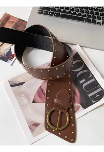 Ceinture large en cuir style punk avec rivets métalliques et boucle ronde pour femmes.