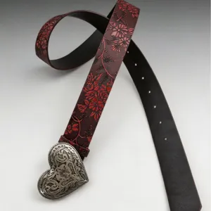 Vintage Heart Buckle Floral Embossed Leather Belt American Western Style Women Belt