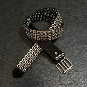 Unisex Punk Rock PU Leather Belt With Multi-Row Metal Rivets And Eyelets Double Prong Buckle Cool Streetwear Waist Belt
