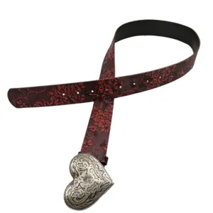 Vintage Western heart buckle belt for women, dark red floral embossed leather belt.
